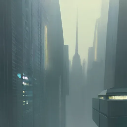 Prompt: early morning, glass spaceship, tall structures, fog, bladerunner 2049, artstation, Syd Mead