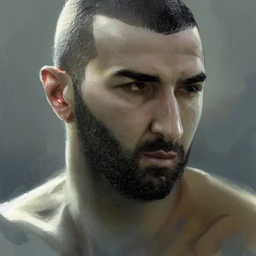 Image similar to A realistic hyperdetailed wide-shot digital oil portrait painting of an benzema in the style of Guy Denning, Ruan Jia, and Craig Mullins. Trending on ArtStation, DeviantArt, and Instagram. CGSociety Digital art. benzema.