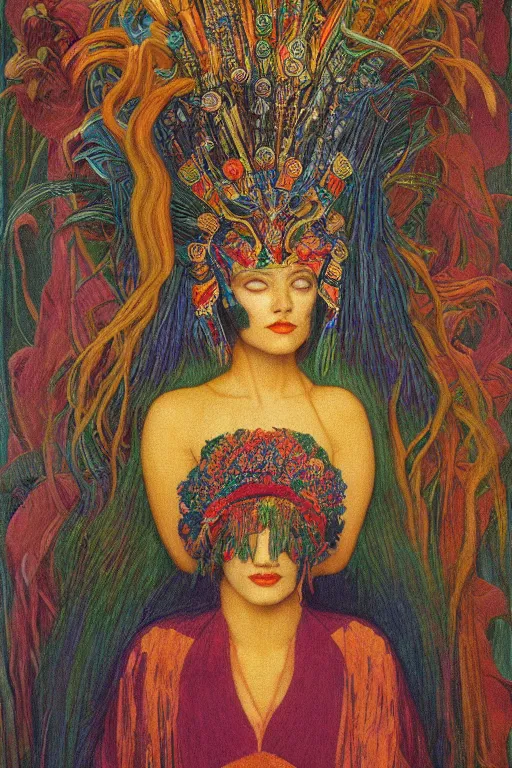 Prompt: queen of spring, by jean delville and Tino Rodriguez and Diego Rivera , elaborate headdress and embroidered velvet, iridescent beetles, rich color, dramatic cinematic lighting, extremely detailed