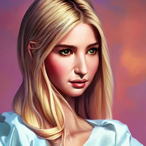 Prompt: a beautiful scenic painting of a beautiful young woman that looks like ivanka trump by artgerm and wlop and wes anderson and spike jonze