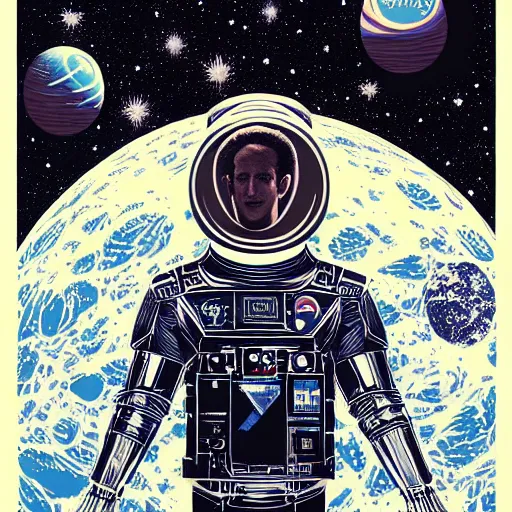 Image similar to majestic mark zuckerberg in space, satellite perspective, high details, bold line art, by vincent di fate and joe fenton, inking, etching, screen print, masterpiece, trending on artstation, sharp, high contrast, hyper - detailed, hd, 4 k, 8 k