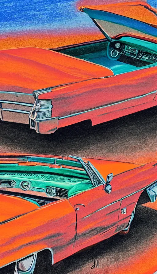 Image similar to 1 9 6 3 cadillac convertible driving down empty highway into a bright orange sunrise, oil pastel, high detail, realistic, vintage, sepia, far shot