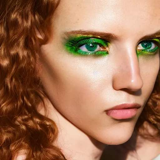 Prompt: photograph of a cute woman with bronze brown hair and vivid green eyes, light makeup, golden hour, 8k, photographed by Erwin olaf