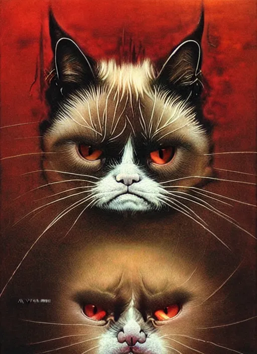 Prompt: a spirit of grumpy cat, red lake, highly detailed, art by Ayami Kojima, Beksinski, Giger