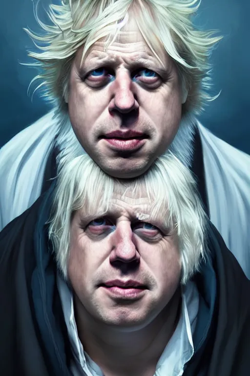 Image similar to Boris Johnson as Rick Sanchez, one eyebrow, white robe, big eyes, 2d portrait, symmetrical, highly detailed, digital painting, artstation, concept art, smooth, sharp focus, illustration, cinematic lighting, art by artgerm and greg rutkowski and alphonse mucha