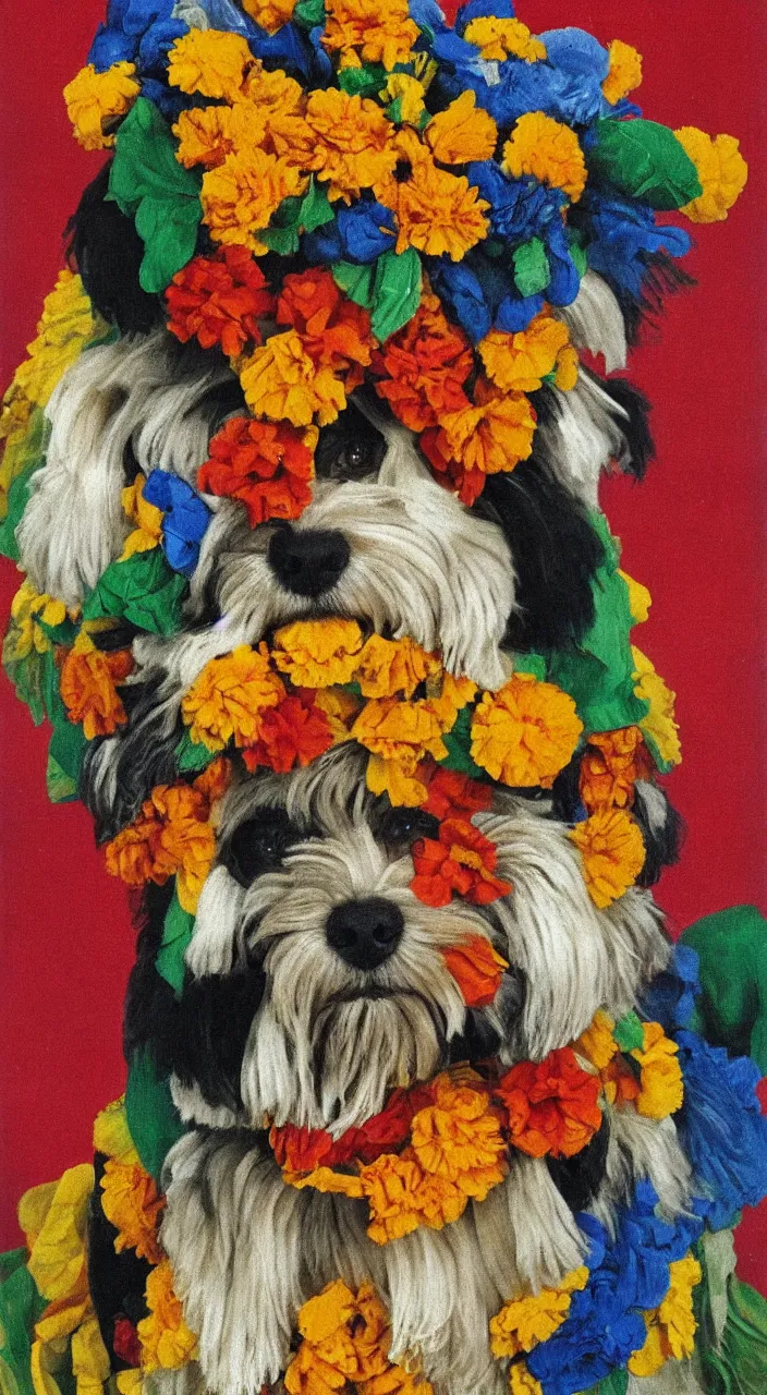 Prompt: portrait of a cream colored havanese dog dressed as an aztec, with a bouquet of marigolds, mexico, painting by diego rivera realism aztec modernism 1 9 3 5