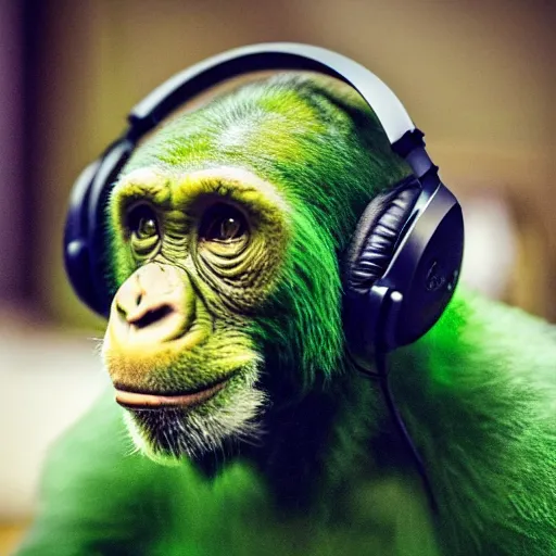 Image similar to a high quality photo of a green chimp wearing headphones, realism, 8k