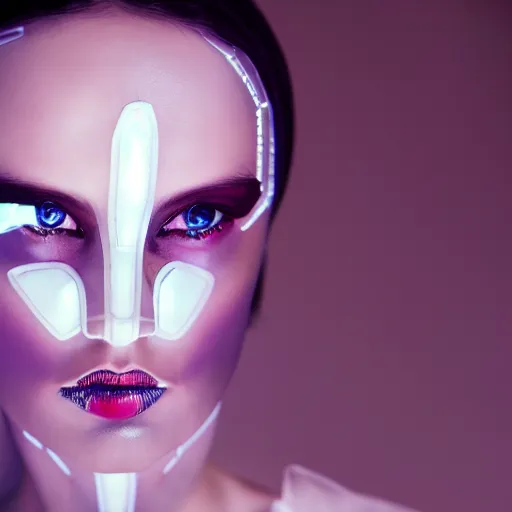 Image similar to high fashion photography of a model in neo futurism white sci - fi makup, transparent cloth, beautifully lit by white neon