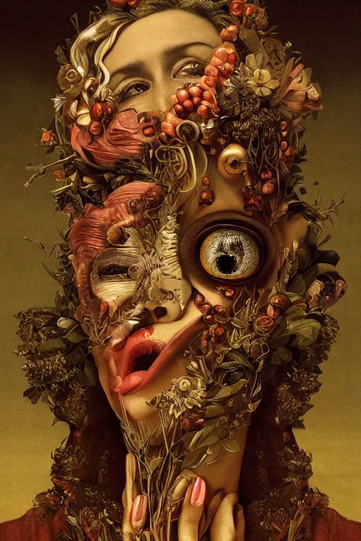 Image similar to Detailed maximalist portrait with large lips and with large wide eyes, surprised expression, extra flesh and eyes, HD mixed media, 3D collage, highly detailed and intricate, surreal illustration in the golden ratio, in the style of Caravaggio, dark art, baroque