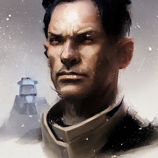 Image similar to portrait of a man by greg rutkowski, blue skin, short black hair in military style, tall, star wars expanded, universe, he is about 5 0 years old, wearing white colored imperial admiral uniform, artstation hq