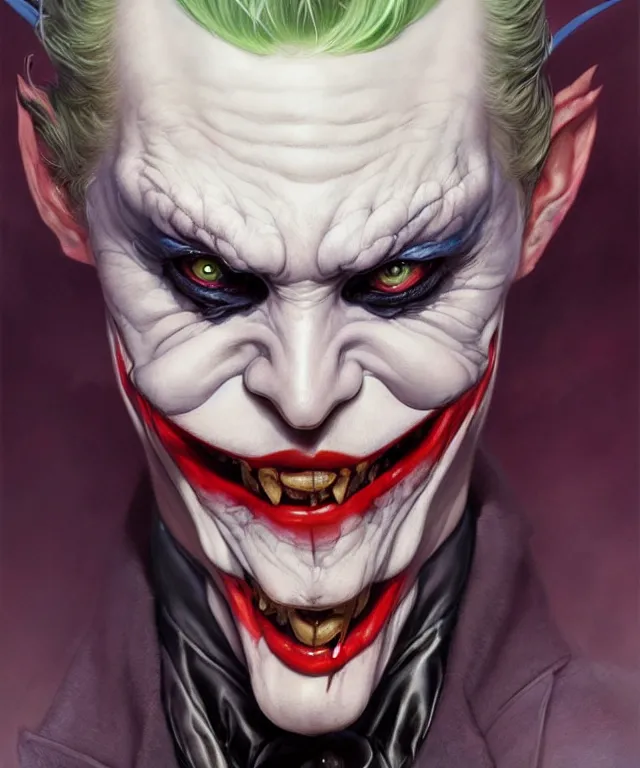 Image similar to beautiful evil fantasy baby joker portrait, ultra realistic, wide angle, intricate details, the fifth element artifacts, highly detailed by peter mohrbacher, hajime sorayama, wayne barlowe, boris vallejo, aaron horkey, gaston bussiere, craig mullins