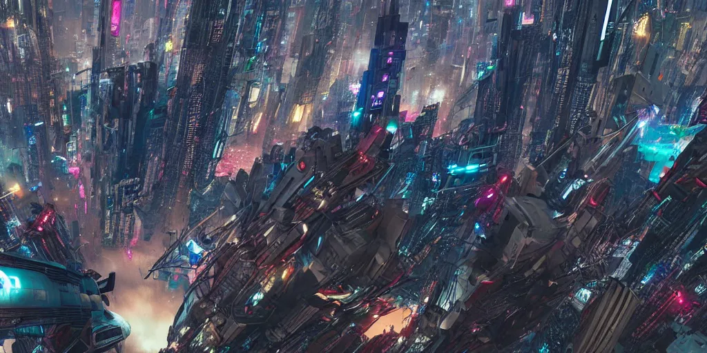 Image similar to Flying through a cyberpunk city, CGI, Imax