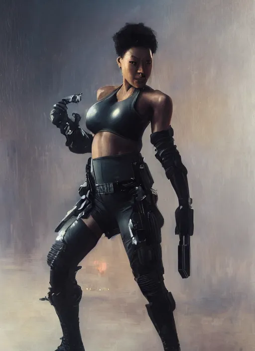 Prompt: black chun li teaching martial arts. cyberpunk police trooper in a military vest ( blade runner 2 0 4 9, cyberpunk 2 0 7 7 ). orientalist portrait by john william waterhouse and james gurney and theodore ralli and nasreddine dinet, oil on canvas. cinematic, hyper realism, realistic proportions, dramatic lighting, high detail 4 k