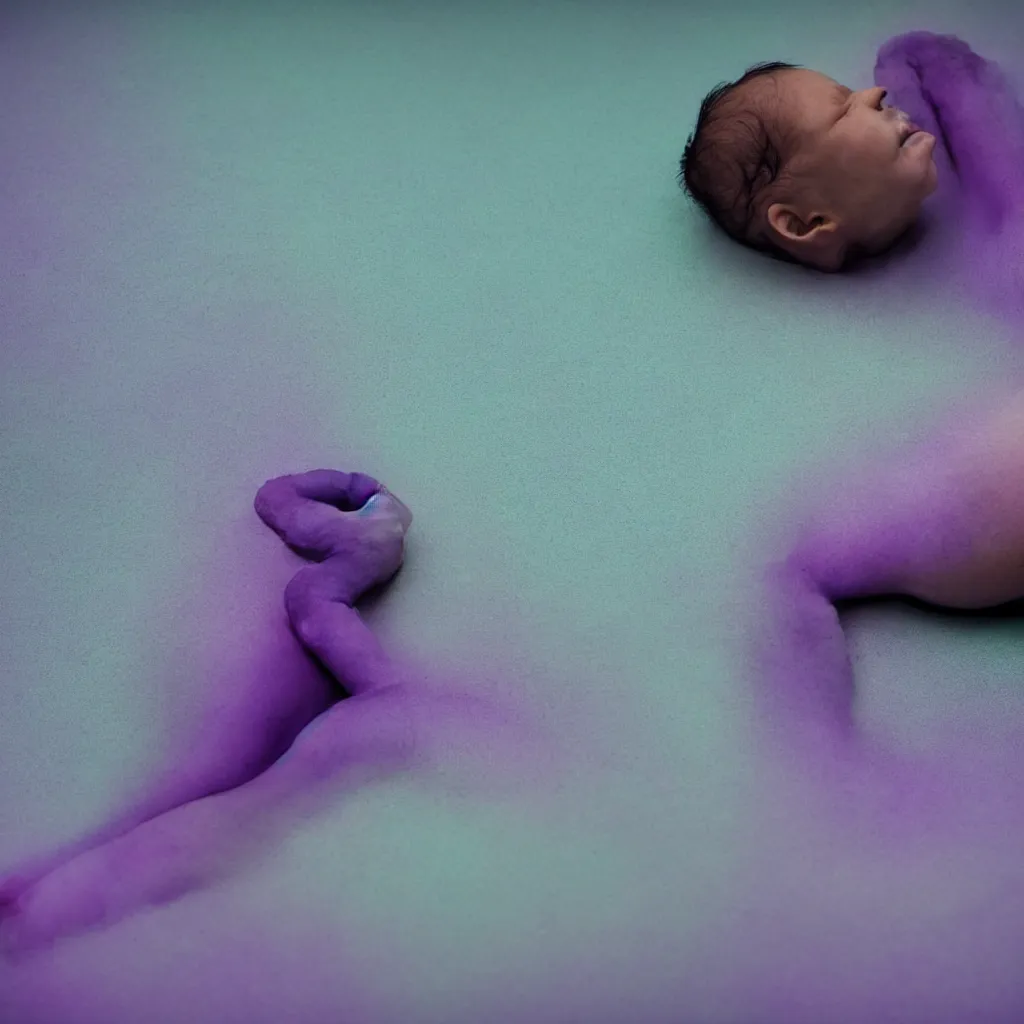 Prompt: cinestill close - up of iridiscent oil slick corpses connected by tubes to wax technical forms to a buried baby relaxing on yoga mat, faded, iridiscent gradient, purple fog, depth of field, blur, very detailed, by nadav kander and hans bellmer, 8 k, ultrarealistic, sad atmosphere, cinematic, 8 5 mm lens