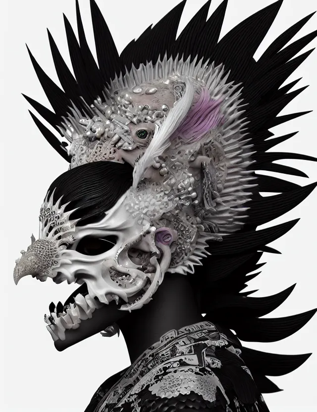 Image similar to 3 d goddess close - up profile simple portrait punk with mohawk with goat skull. beautiful intricately detailed japanese crow kitsune mask and clasical japanese kimono. betta fish, jellyfish phoenix, bio luminescent, plasma, ice, water, wind, creature, artwork by tooth wu and wlop and beeple and greg rutkowski