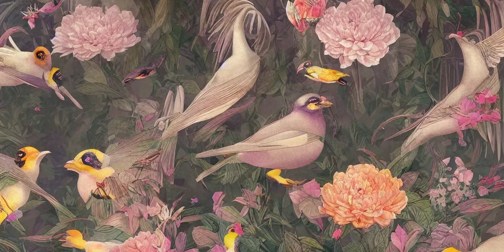 Image similar to breathtaking detailed concept art painting art deco pattern of birds goddesses amalmation flowers with blend of flowers and birds, by hsiao - ron cheng and john james audubon, bizarre compositions, exquisite detail, extremely moody lighting, 8 k