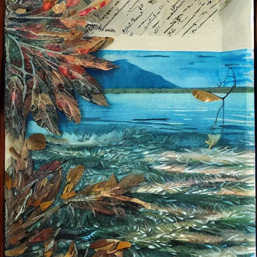 Prompt: In the lake, water color, oil on canvas with decoupage of old book leaves, 2022