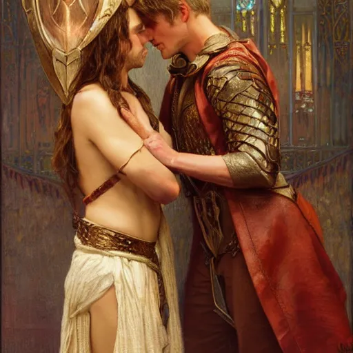 Image similar to attractive arthur pendragon confesses his love to attractive male merlin. highly detailed painting by gaston bussiere, craig mullins, j. c. leyendecker 8 k