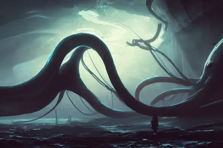 Prompt: bioluminescent giant squid, cinematic, dramatic lighting, digital art, artstation, greg rutkowski