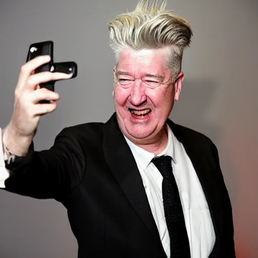 Image similar to David Lynch taking a selfie laughing