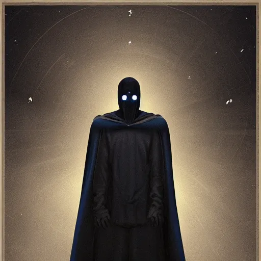 Prompt: award - winning. trending on artstation. 4 k. eerie tone. a shadowy figure wearing a hooded cape made of the night sky with infinite dark blue glowing eyes on its face and an open chest revealing rows of teeth. full - body. portrait.