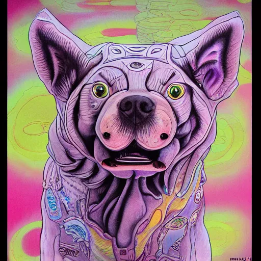 Prompt: cute dog painted in style of alex grey, katsuya terada