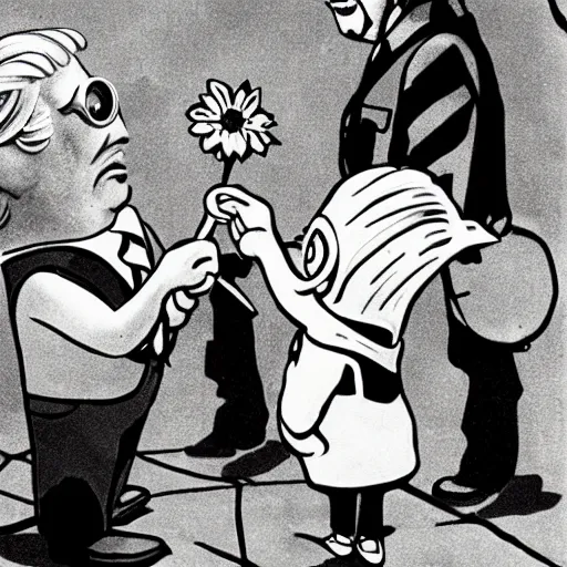 Prompt: minion giving flower to donald trump in the style of Marc Riboud The Flower and the Bayonet