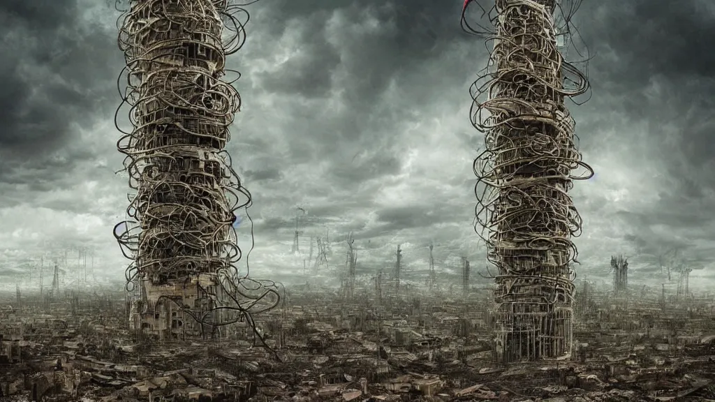 Image similar to giant bio-organic fleshy complex machine tower! with tendrils!! and one eyeball!!! at the top looking over a stormy post-apocalyptic wasteland, dystopian art, with art direction by Salvador Dalí, wide lens