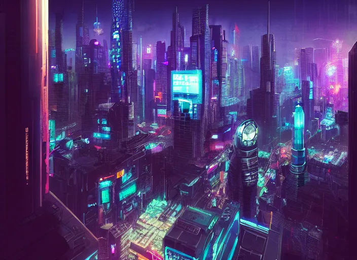 Image similar to cyberpunk scifi scene of a city at night, aerial view, salesforce tower, artstation, matt painting, very detailed, maximalism, ambient occlusion, volumetric light, atmospheric haze, unreal engine, hyper realism, realistic shading, cinematic composition, realistic render, octane render, detailed textures, photorealistic, wide shot