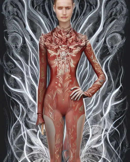 Prompt: Girl at a fashion show in hell, fire, lava, intricate, elegant, highly detailed, digital painting, artstation, concept art, smooth, sharp focus, illustration, Designer clothes, futuristic clothes, voge photo, fashion style, fullbody, in full growth, Clear facial features, photorealistic, high resolution, highly detailed, details, good clear quality, art by Zdzisław Beksiński