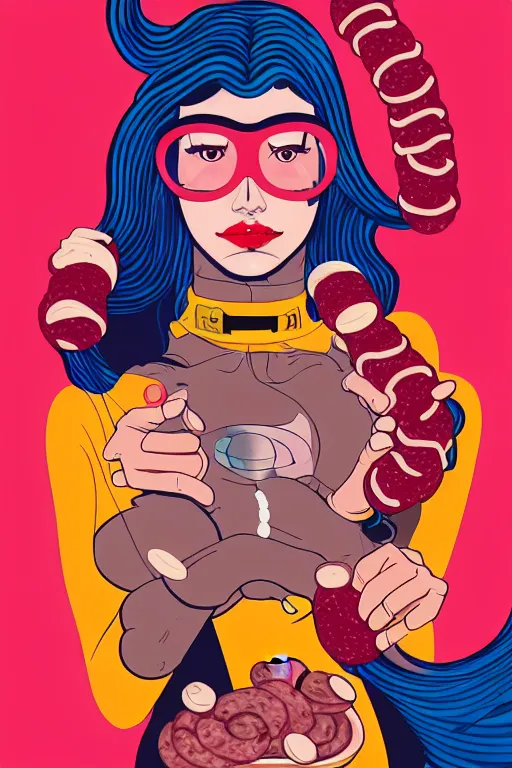 Prompt: abstract portrait of female superhero with sausage!!!! fingers miyazaki, colorful palette illustration, kenneth blom, mental alchemy, james jean, pablo amaringo, naudline pierre, contemporary art, hyper detailed