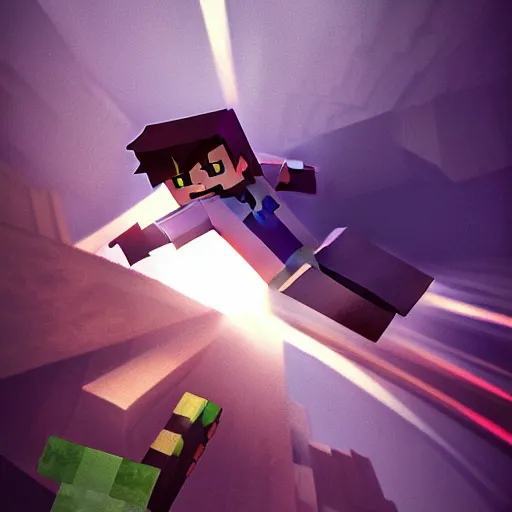 Image similar to Steve from Minecraft, Steve is falling into a terrifying dark abyss, dramatic lighting, dramatic angle