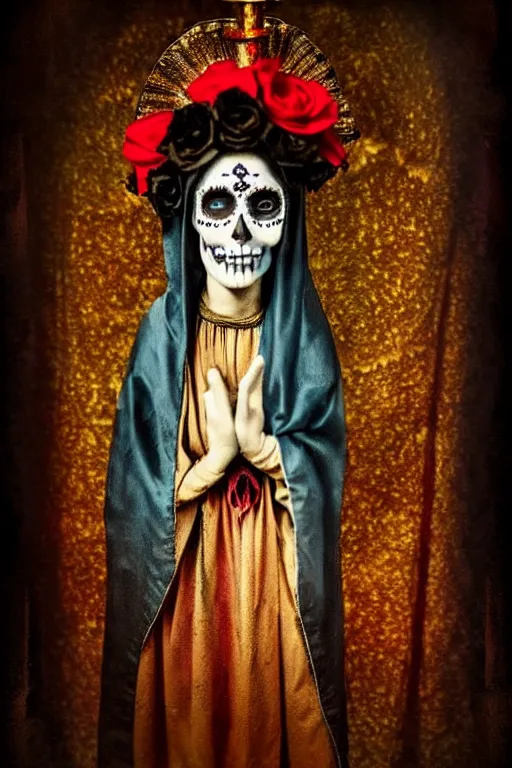 Image similar to tintype virgin mary in dia de muertos dress and make up, horrific beautiful vibe, evocative, atmospheric lighting, painted, intricate, highly detailed,