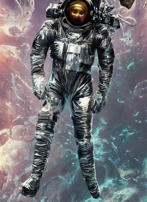 Image similar to astronaut in dark void underwater - complex and hyperdetailed technical suit design. reflection and dispersion materials. rays and dispersion of light. volumetric light. f / 3 2. noise film photo. flash photography. ultra realistic, 5 0 mm. poster by wayne barlowe, hajime sorayama aaron horkey, craig mullins