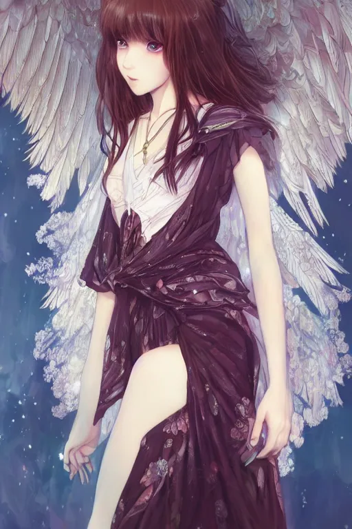 Image similar to Portrait of beautiful anime maiden with angelic wings, intricate, elegant, highly detailed, artstation, concept art, illustration, art by Yoshitaka Amano, Sakimichan, Kuvshinov Ilya, tsuaii