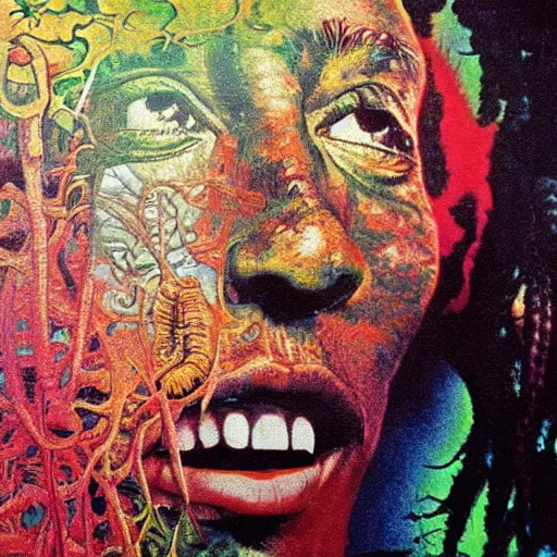 Image similar to colour masterpiece surreal closeup portrait photography of bob marley by miho hirano and annie leibovitz and michael cheval, weird surreal epic psychedelic complex biomorphic 3 d fractal landscape in background by kilian eng and roger dean and salvador dali and beksinski, 8 k