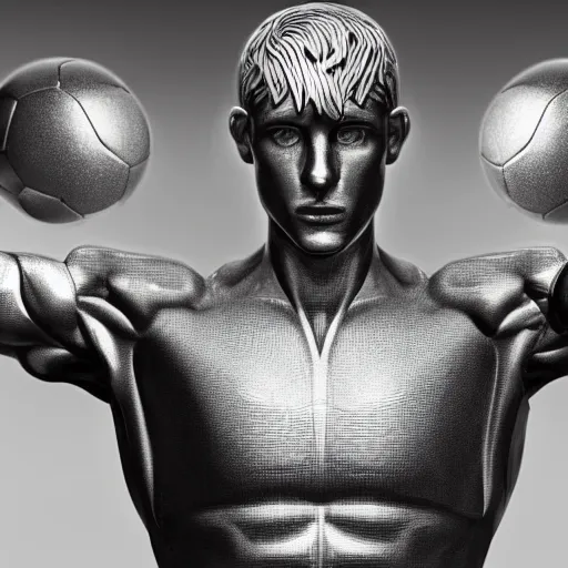 Image similar to a realistic detailed photo of a guy who is an attractive humanoid who is half robot and half humanoid, who is a male android, attractive and handsome soccer players, shiny skin, posing like a statue, blank stare, in a factory, on display, showing off his muscles, wearing soccer shorts, side view, looking at each other mindlessly