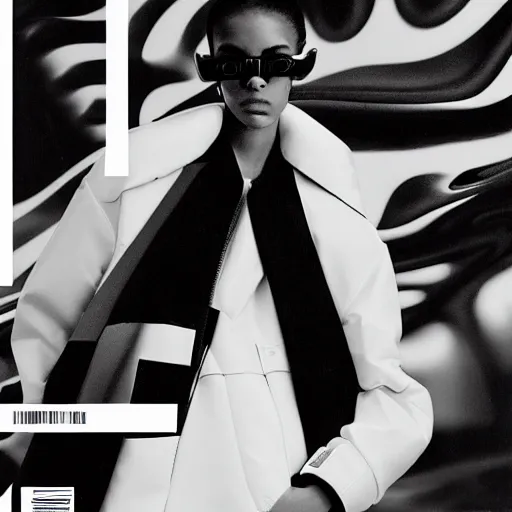 Prompt: black on white editorial cover for balenciaga in style of david rudnick, y 2 k