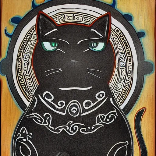 Prompt: mysterious cat god , maori art