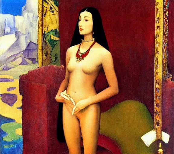 Prompt: an oil painting a queen standing in a throne room by nicholas roerich, by gustave moreau, by james hawe, by frank frazetta, by georgia o keeffe, highly detailed, realistic, realism, manierism, oil painting