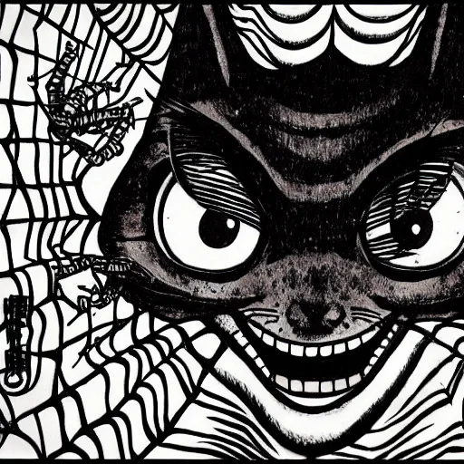 Image similar to a giant deformed cat with spider legs and a thousand eyes, by junji ito.