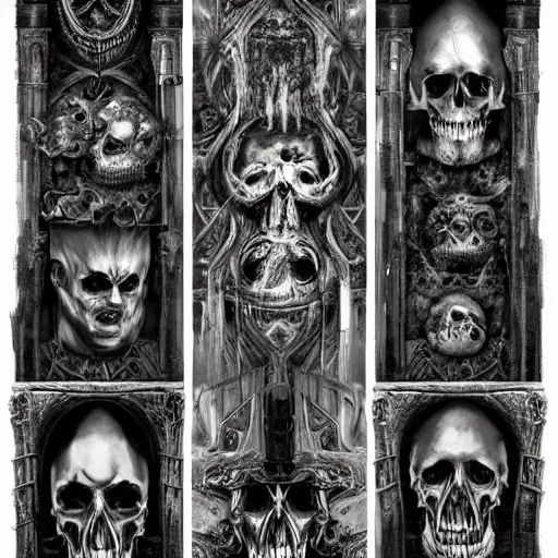 Image similar to an evolution of evil. abstract, decay, giger textures, h. r. giger infinitely complex detail, ornate cathedral interior, ghostly figure, morphing skulls