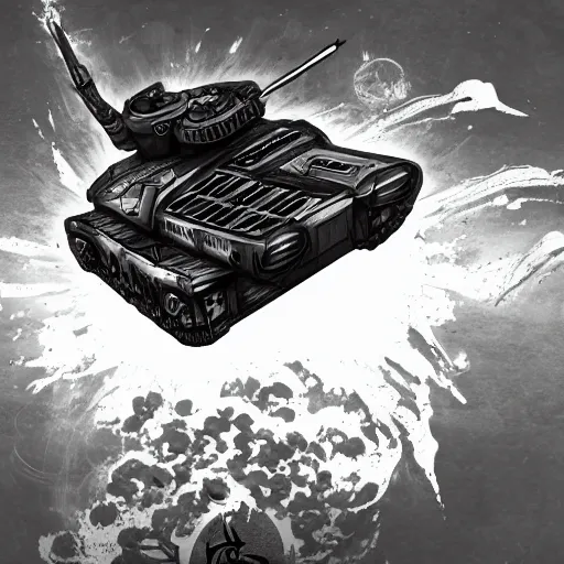 Image similar to daoist battle tank painted in white and black yinyang symbol blasting away at dystopia, cosmos backdrop, a digital rendering by an alien superintelligence from the future