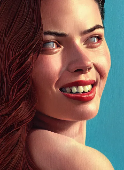 Prompt: twin peaks movie poster art, portrait of a smiling adriana lima, from scene from twin peaks, clean, simple illustration, nostalgic, domestic, highly detailed, digital painting, artstation, concept art, smooth, sharp focus, illustration, artgerm, donato giancola, joseph christian leyendecker, wlop