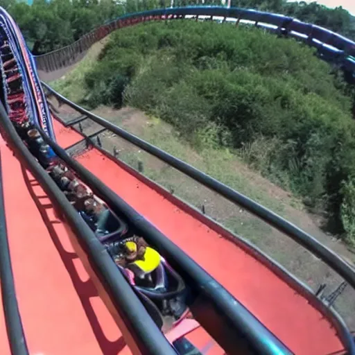 Prompt: front row go pro footage of a rollercoaster with an upcoming broken section of track