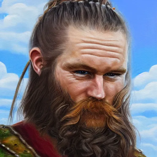 Image similar to oil painting of sean mcloughlin with a man bun as an irish viking in the style of steve argyle, fantasy painting