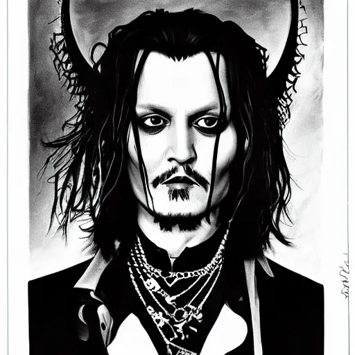 Image similar to portrait of johnny depp as a goth metal band member, symmetrical, nikon 3 5 mm photography, ultrarealistic