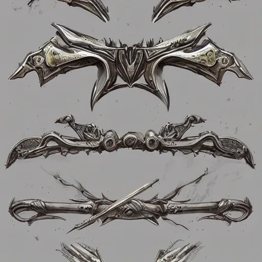 Image similar to concept art of dragon bow weapon, symmetry, bow design, fantasy bow, fantasy, behance, pinterest, deviantart, artstation, weapons concept art, design, rpg, weapon, detailed, digital art, incredible, digital painting