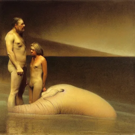 Image similar to the dream of the walrus and the swimmers in oslo, by odd nerdrum, oil on canvas, 1 9 8 3, high resolution