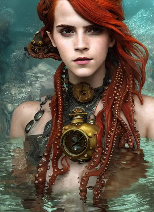 Image similar to underwater steampunk pirate portrait of emma watson, red hair, octopus, giger, hyper detailed, digital art, cinematic lighting, studio quality, smooth render, unreal engine 5, octane rendered, art style by klimt and nixeu and ian sprigger and wlop and krenz cushart.